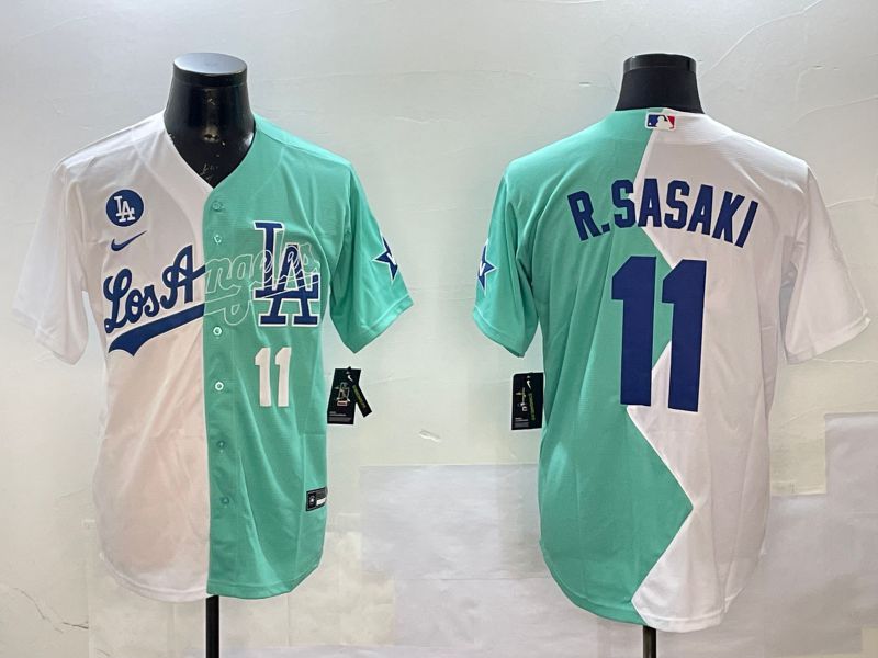 Men Los Angeles Dodgers #11 R.Sasaki White Blue 2025 Game Nike MLB Jersey style 2